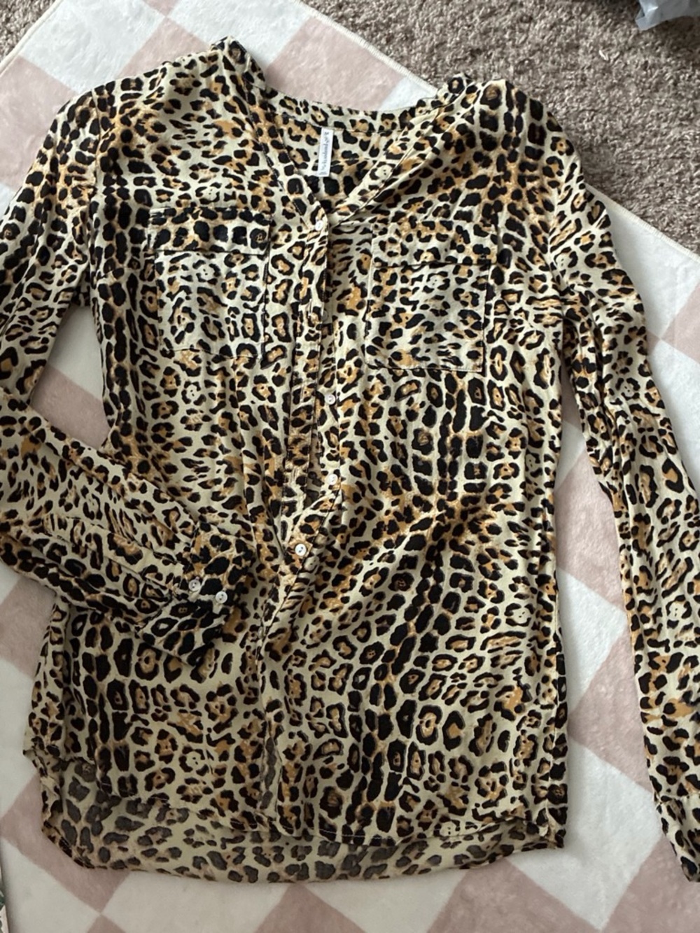 Passport Long-Sleeve Leopard Print Button-Down Blouse - Beige/Black